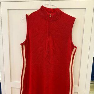 Women's St. John Sleeveless Red Knit Dress with Tan Stripes, Size L.